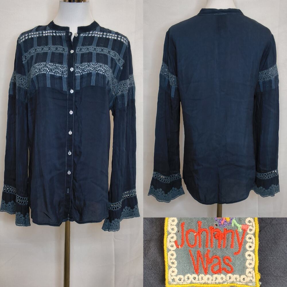 Johnny Was Top Women's S Navy Blue Embroidered Button Up Blouse Boho #W5580